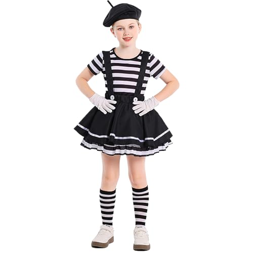 2025 Disfraz de mime curioso para niños y niñas, disfraz de imitación a rayas, para Halloween y fiestas, sudadera 98 (negro, 2-4 años)