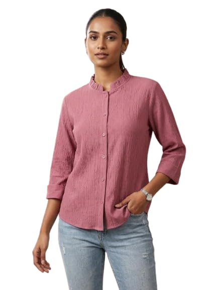 Image of Messica Women Brown Solid Cotton Blend Knitted Top | Ruffle Neck | 3 /4 Sleeve | Regular Fit Casual Office Wear Top