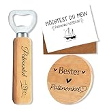 Patenonkel Geschenk, Holz Flaschenöffner und Untersetzer mit Taufpaten Fragen Karte, Lustiges Bieröffner Geburtstagsgeschenk für Papa, Godfather, Taufgeschenk, Geburtstag, Männertag, Ruhestand