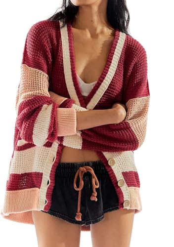 utcoco Women's Casual Button Down Cardigan Sweaters Long Sleeve V Neck Color Block Knit Sweater Coat Outwear