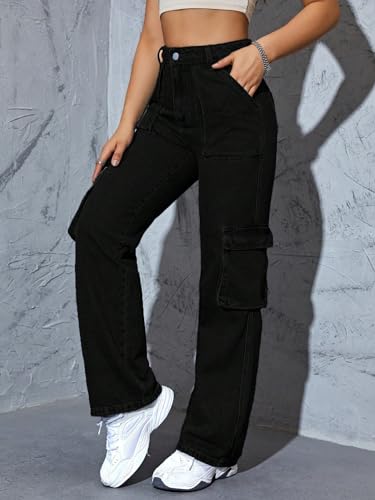Image of NUCOUTHS Women High Waist Relaxed Fit Casual Cargo Jeans 6POCKET Black C