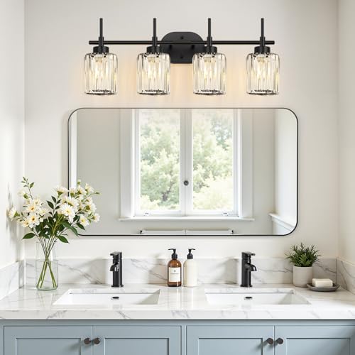 Image of Matte Black 4-Light Crystal Bathroom Vanity Light, Modern Bathroom Light Fixture Over Mirror, Black Vanity Lighting for Bathroom, Bulbs Not Included