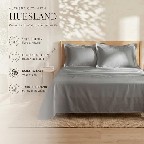 Image of Huesland 300 TC Premium 100% Pure Cotton Luxe Soft Touch King Size Bedsheet Cotton with 2 Pillow Covers | Steel Grey | 108 x 108 Inches