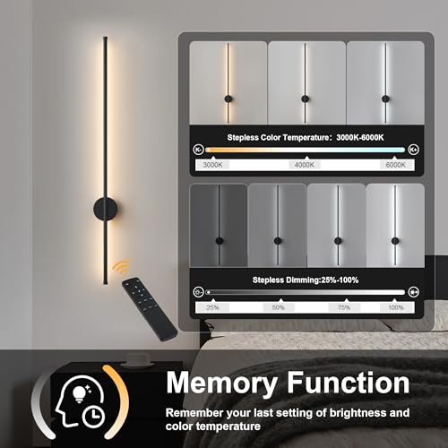 Image of Battery Operated Modern Wall Sconces, Dimmable Wireless Wall Light Set of Two with Remote Control, 3 Color Temperatures, Rechargeable LED Wall Sconce for Bedroom, Living Room, Hallway, 39.3 Inch Black
