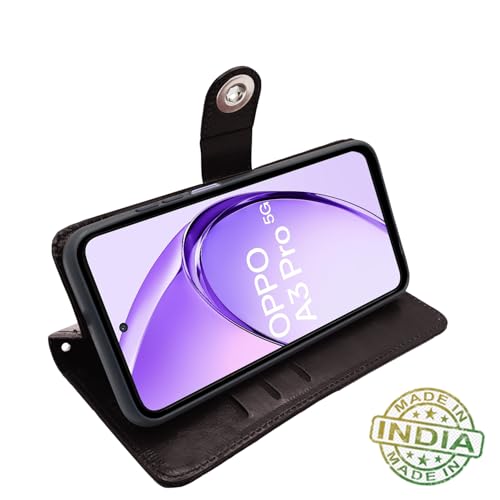Image of Pikkme Flip Cover Leather Finish | Inside TPU with Card Pockets | Wallet Stand and Shock Proof | Complete Protection Button Flip Case for Oppo A3 Pro 5G (Coffee)