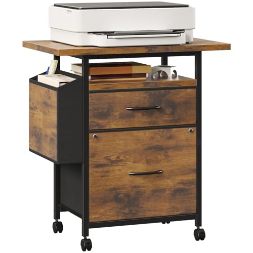 Image of Simple Deluxe 2 Drawer File Cabinet with 24 inch Extended Desktop, Mobile Filing Cabinet, Rolling File Cabinet with Side Bag, Fabric Drawer, Fits A4 /Letter Size, Printer Stand Home Office, Brown