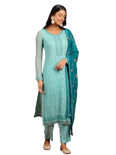 Image of Libas Embroidered Georgette Straight Kurta With Trouser and Dupatta