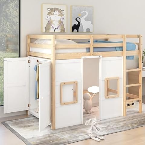 Brabrety Wood Twin Loft Bed with Wardrobe Cover