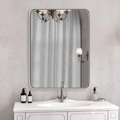 Image of ANDY STAR 28x36 INCH Chrome Bathroom Mirrors, Polished Chrome Bathroom Mirror, Rounded Rectangle Mirror, Anti-Rust SUS304, Tube Metal Frame, 1'' Deep Wall Mounted Vertically /Horizontal for Bathroom