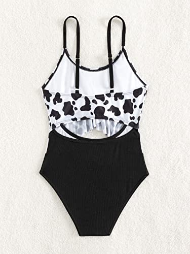 WDIRARA Girl's Cut Out One Piece Swimsuit Cow Print Ruffle Trim High Waisted Swimwear2
