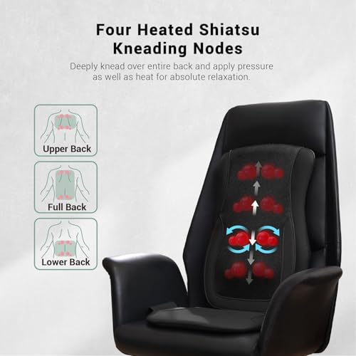 Mynt Black Acupressure Massage Chair Pad with 4 Deep Kneading Nodes, Shiatsu Back Massager for Chair with Heat, Heated Back Massage with a Cushion for Deep Tissue, Gift for Father Day