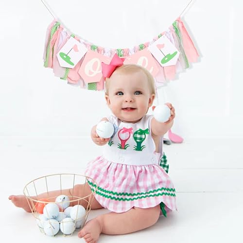 Image of Golf 1st Birthday Decorations For Girls - Hole In One High Chair Banner,Sports Themed First Birthday Photo Props,Golf Pink Green Ribbon One Banner,Baby Girl Smash Cake Backdrop