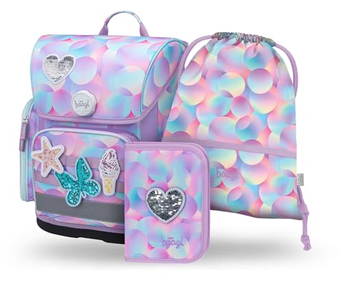 Baagl Schulranzen Mädchen Set 3 Teilig, Ergo Schultasche für 1. Klasse, Ergonomische Grundschule Ranzen Tornister mit Brustgurt (Candy)