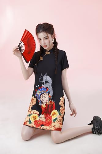 Women's Vintage Chinese Cheongsam Print Dress Short Sleeve Retro Side Slit Mini Loose Dress2