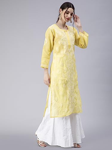 Image of Seva Chikan Hand Embroidered Lucknowi Chikankari Appricot Cotton Kurta Kurti for Women SCL4321