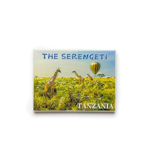 The Serengeti Tanzania Safari Landscape Decorative Magnet with Hot Air Balloon, Giraffes, 8.0 x 6.0 cm