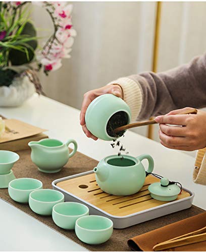 Hoobar® Ceramic Kungfu Tea Set,Portable Travel Tea Set With Teapot,Teacups,Tea Canister,Tea Funnel,Fair Cup,Tea Tray And Travel Bag,Suitable For Travel, Home,Outdoor And Office (Green) #TOP3