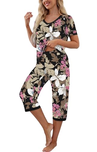 PrinStory Women's Pajama Set Short Sleeve Shirt and Capri Pants Sleepwear Pjs Sets with Pockets3