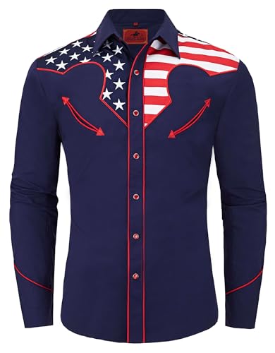 DIFICIL SLOG Men's Embroidered Exquisite American Flag Western Cowboy Shirt Long Sleeve Regular Fit Snap Button Down Shirts