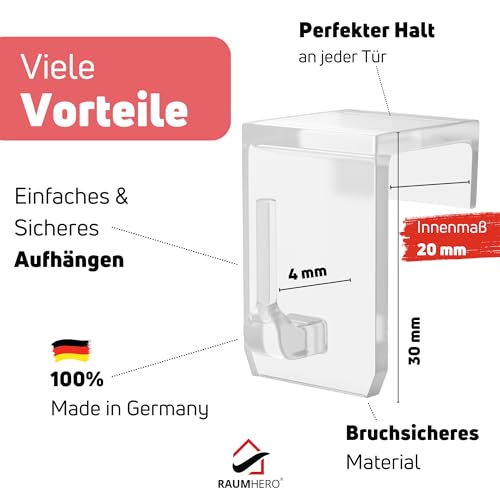 Raumhero Fensterhaken 100% Made in Germany - zum Einhängen (26 Stk.) Haken für Fenster Deko, Aufhänger Fensterdeko, Lichterkette, Weihnachtsstern - Haken transparent (Klemmbereich: 15-20 mm)