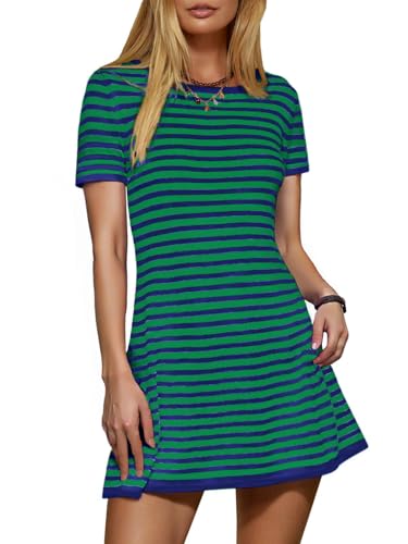 Image of Women's 2025 Spring Summer Striped Sweater Dress Casual Crewneck Short Sleeve Ribbed Knit Bodycon Mini Dresses