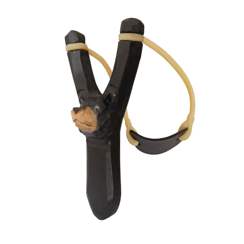 WJDLM 2PCS Wood Handmade Carved Animal Head Rubber Slingshot Toy Decor Gift Real Wood (Black Bear, Wolf)