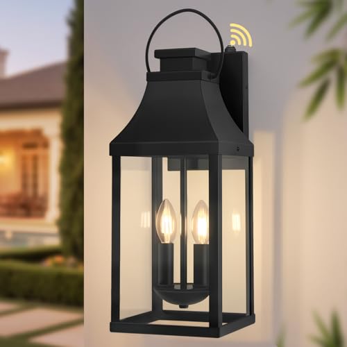 Image of Dusk to Dawn Exterior Lighting Fixtures, Black Sensor Outdoor Porch Lights | Auto On-Off, E12 Base, 20'' Outdoor Sconce for House Waterproof, Large Outside Lanterns for Porch Garage Door, Metal, 1 Pack