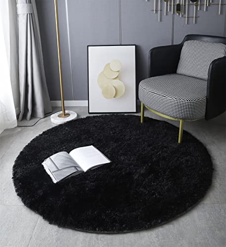 LYKEJI Tapis Rond, à Poils Longs, Moderne, pour Salon, Chambre à Coucher, Salle à Manger ou Chambre d'enfant, Tapis de Sol Shaggy Confortable Moquette Anti-dérapage (Noir, 120cm X 120cm)