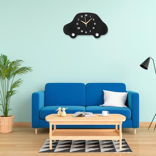 Image of Car Shape Metallic Analog Wall Clock for Living Room, Bedroom, Kids Room & Hall | Stylish Home Decor Wall Clock | Battery Operated, Modern Design | Black Color | 38 x 22 CM