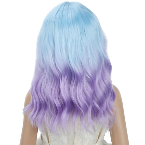 Image of Light Blue Ombre Light Purple Wig for Girls Blue Purle Wig with Bangs Adult Short Wavy Curly Wigs Synthetic Cosplay Hair Wigs