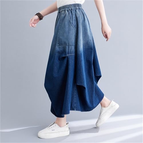 Fashion Gradient Color Ruched Midi Denim Skirt for Women Elastic High Waist Casual Loose A-line Skirt with Pockets2