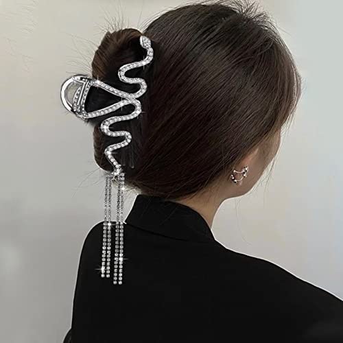 Juome 2Pcs Hair Claw Clips For Women, Metal Silver Gold Snake Claw Clips For Thick Hair, Rhinestone Hair Jaw Clips With Glitter Tassel, Hair Accessories For Women #TOP1