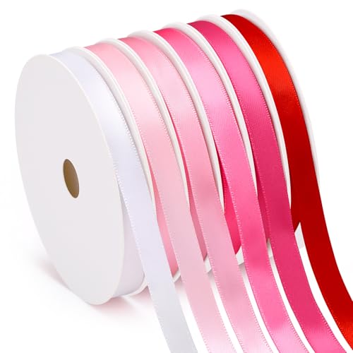 6 Rolls Pink Satin Ribbon 3/8 Inch Total 60 Yards Red White Pink Ribbon for Gift Wrapping Flower Bouquet Craft Wedding Decoration