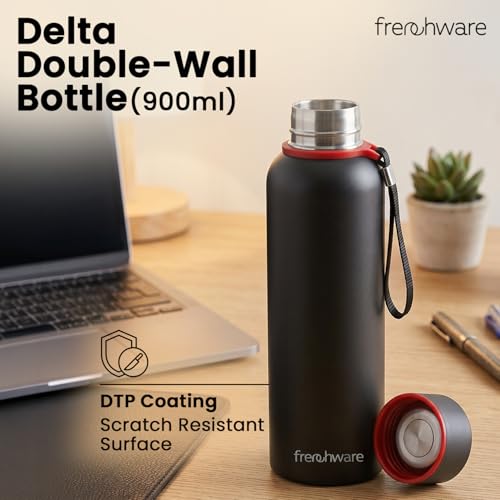 Image of Frenchware Stainless Steel Vacuum Insulated Delta Water Bottle, 900 ml | Thermos Flask, 24Hrs Hot & Cold, Leakproof, Aluminum Coating, Black