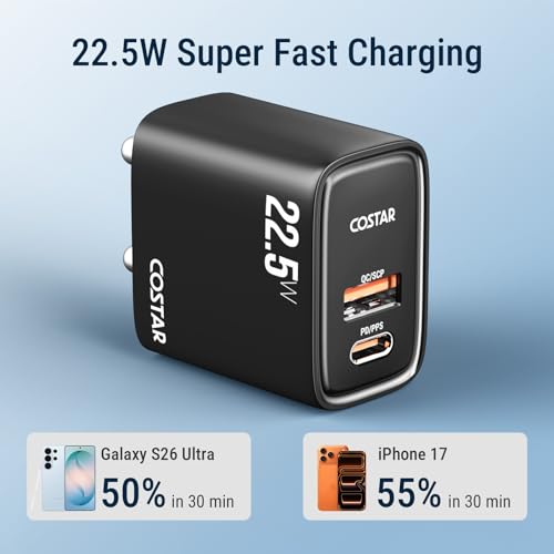 Image of COSTAR Original 22.5W Dual Port Charger(USB & Type C) with Type C to C Cable, Fast Charger,Compatible with Samsung Galaxy(Ultra /+ /Fe, S /Z /A /M /F All Series), iPhone & Type-C Devices(Black)