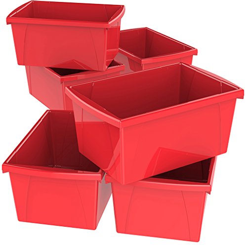 Image of Storex 5.5 Gallon Storage Bin - Plastic Classroom Organizer for Books and Supplies, Red, 6-Pack (61483F06C)