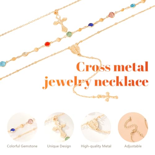 Image of SANNIDHI 3Pcs Necklace for Woman Gold Metal Cross Pendant Necklaces Layered Multi-colored Rhinestone Chain Stack Necklace Set for Women Stylish