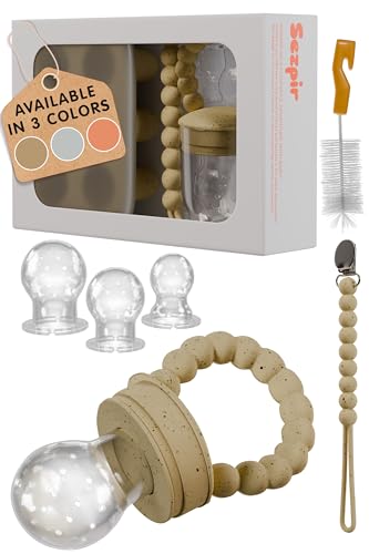 Image of Silicone Baby Fruit Feeder Pacifier with Freezer Tray Made from Safe and BPA Free Materials, Suitable for Fruits, Veggies, Puree or Frozen Breast Milk Popsicle Teether with Clip Strap, Cream Speckled