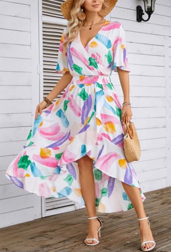 Image of Kormei Women Short Sleeve V Neck Floral High Low Flowy Summer Party Long Maxi Dress