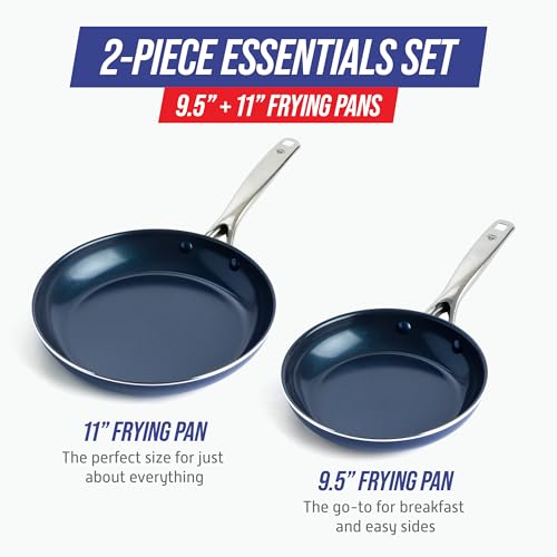 Image of Blue Diamond 9.5 inch and 11 inch Frying Pan Skillet Set, Diamond Infused PFAS & PFOA-Free Ceramic Nonstick Pots & Pans, Durable Non Toxic Metal Utensil Safe & Scratch Resistant, Dishwasher & Oven Safe, Blue