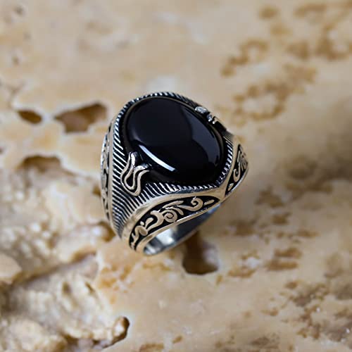 Solid Genuine 925 Sterling Silver Black Onyx Stone Turkish Handmade Ottoman Men's Motif Ring2