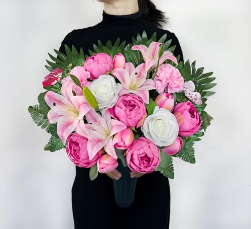 Image of Artificial Cemetery Flowers for Grave Decorations: Gravesite Flowers of Pink Peony Rose Daisy Lily Bouquet with Vase - Ideal for Sympathy & Memorial Tributes