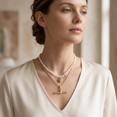 Image of Jeulia Layered Necklaces for Women Trendy Retro T Bar Pendant Pearl Necklaces Stack Trendy Pendant Necklaces Dainty Chain Choker Necklaces for Jewelry Birthday Gifts