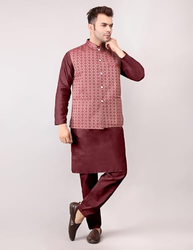 Image of Men's Cotton Silk Blend Regular Kurta Pyjama, Embroidered Nehru Jacket /Waistcoat Set