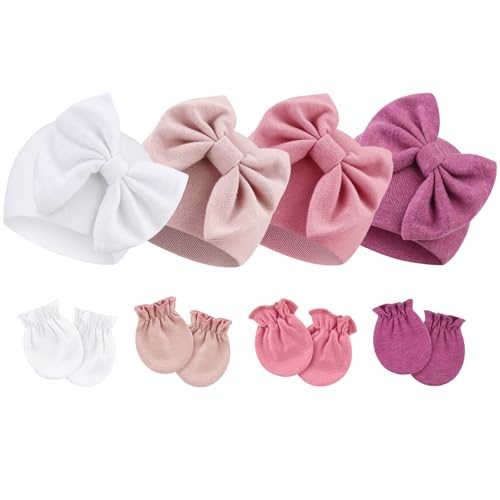 Image of BQUBO Newborn Baby Hats Mittens Set Cotton Hospital Hat Preemie Infant Bow Hats No Scratch Mittens for Baby Girls 0-6 Months