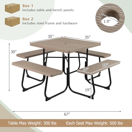 Image of Tangkula 8 Person Picnic Table, Outdoor Square Picnic Table with 4 Built-in Benches, Umbrella Hole, Metal Frame & HDPE Tabletop, Outside Table and Bench Set for Backyard, 2300lbs Weight Capacity