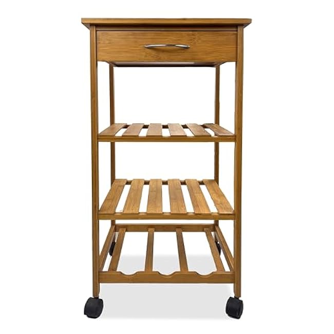 HOMES: Inside + Out Lexa Contemporary Bamboo Kitchen Cart, Storage Trolley with Drawer, 2 Shelves and Wine Rack, for Kitchen, Dinning Room, Bathroom, and Restaurant, Natural-D9f04RiH
