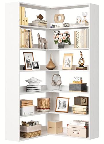 IRONCK Bücherregal 6 Ebenen Eckregal 180cm Hoch Standregal Holz L-förmiges offenes Regal, Aufbewahrungsregal für Arbeitszimmer, Büro, Wohnzimmer, Schlafzimmer (Weiß)
