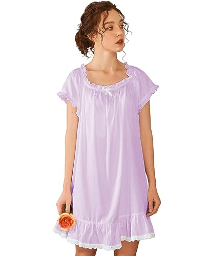 Image of Nanxson Women's Cotton Nightgown Short Sleeve Sleepwear Vintage Nightshirt | Summer Victorian Sleepdress,White Sleepshirt,U Neck Lace Loungewear,Soft Nightshirt,Loose Loungedress,Bride Nightwear