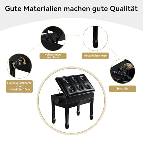 Rhymo Klavierhocker Höhenverstellbar mit Aufbewahrungsfach, Klavierbank mit Memory-Schaum & Massivholz Eiche & PU Leder Gepolsterter, Tragfähigkeit 420 IB